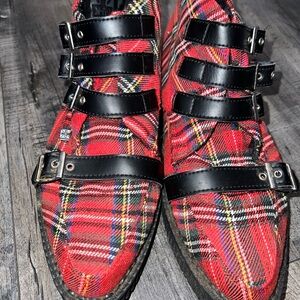T.U.K Red Plaid Oxfords with Black Straps